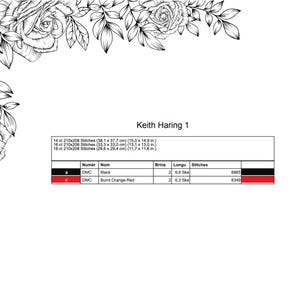 May include: A black and white floral design with the text "Keith Haring 1". The image includes a chart with color codes for DMC threads, including black and burnt orange-red, and stitch counts for different canvas sizes, ranging from 11.7 x 11.8 inches to 15.0 x 14.9 inches.