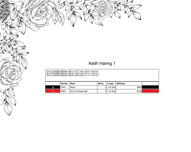 May include: A black and white floral design with the text "Keith Haring 1". The image includes a chart with color codes for DMC threads, including black and burnt orange-red, and stitch counts for different canvas sizes, ranging from 11.7 x 11.8 inches to 15.0 x 14.9 inches.