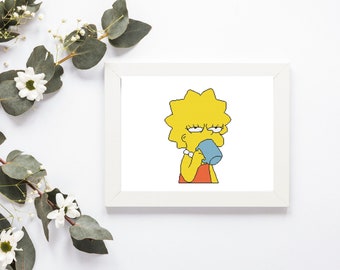 Simpsons gelangweilte Lisa, die Kaffee trinkt. PDF-Muster für eine Fernsehsendung. Einfach gezählter Kreuzstich.