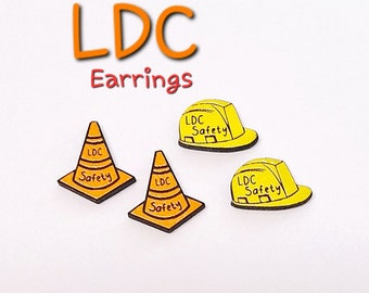 LDC Hard Hat and Safety Cone Earrings/ JW/ Wood/Handmade/Hand Painted / Laser Engraved/ Hypoallergenic