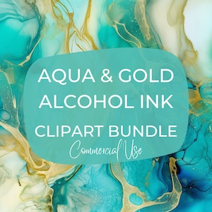 Aqua Teal y Gold Alcohol Ink Clip Art Bundle Textura líquida Patrón abstracto PNG Paquete Alta resolución Uso comercial gratuito Arte digital