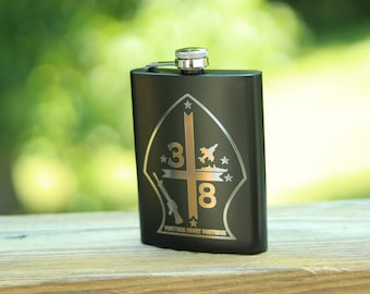 Custom Engraved Flask: Personalized Retirement Gift, Military Emblem