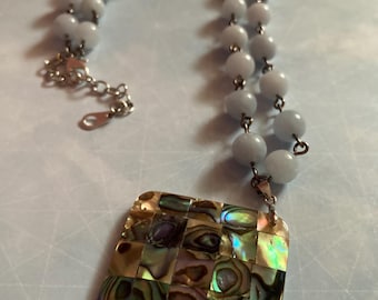 Aquamarine and Abalone Necklace, Natural Beaded Design, 23.5 inches adjustable shell pendant necklace