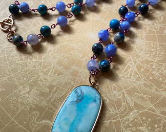 Dyed Imperial Jasper and Fire Agate Beaded Design with Howlite Pendant Necklace 24” inch Necklace with Toggle Clasp Closure