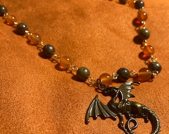 Thematic “Dragonsbreath” Necklace 25” Inch Adjustable, With Carnelian and Dragon Blood Jasper Beaded Design