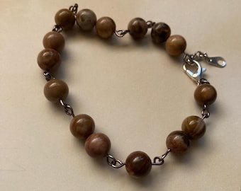 Natural Petrified Wood Polished Beaded Bracelet with Metallic Chain Adjustable to 9” Inches