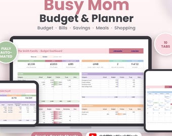 Budget Template Google Sheets & Excel, Family Budget Spreadsheet for Busy Moms, Bill Tracker, No Spend Tracker, Meal Planner, Grocery List