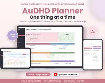 AuDHD Planner Google Sheets Excel, ADHD Weekly Planner, Spoon Theory Energy Tracker, Habit Tracker, Brain Dump, Executive Function Planner