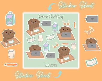 Cocoa Studying Sticker Sheet / Cozy Cute Adorable Sticker Sheet / Aesthetic Sticker Sheet for Journal Planner Laptop Notebook Water Bottle