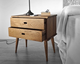 Nightstand, Bedside table with two drawers in solid Oak, Ref. 0102