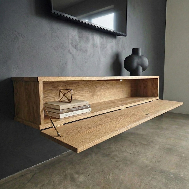 Floating TV console with hinged door in solid oak, Ref. 01720 image 2