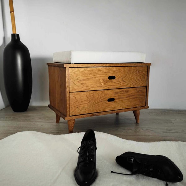 Oak wood bench with 2 drawers and upholstered pillow Ref. 942