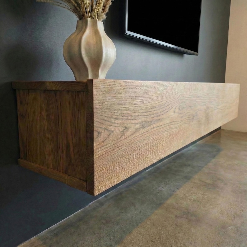 Floating TV console with hinged door in solid oak, Ref. 01720 image 1