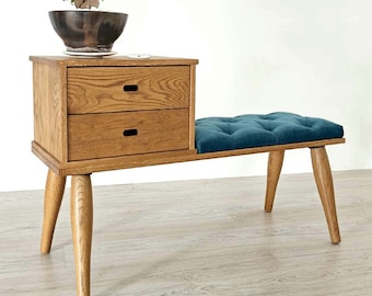 Handmade Oak Entryway Bench with Drawers & Upholstered Cushion