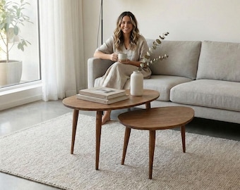 Handmade Solid Oak Nesting Coffee Tables: Rustic Scandinavian Style | Ref. 01390