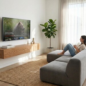 Floating TV console with hinged door in solid oak, Ref. 01720 image 4