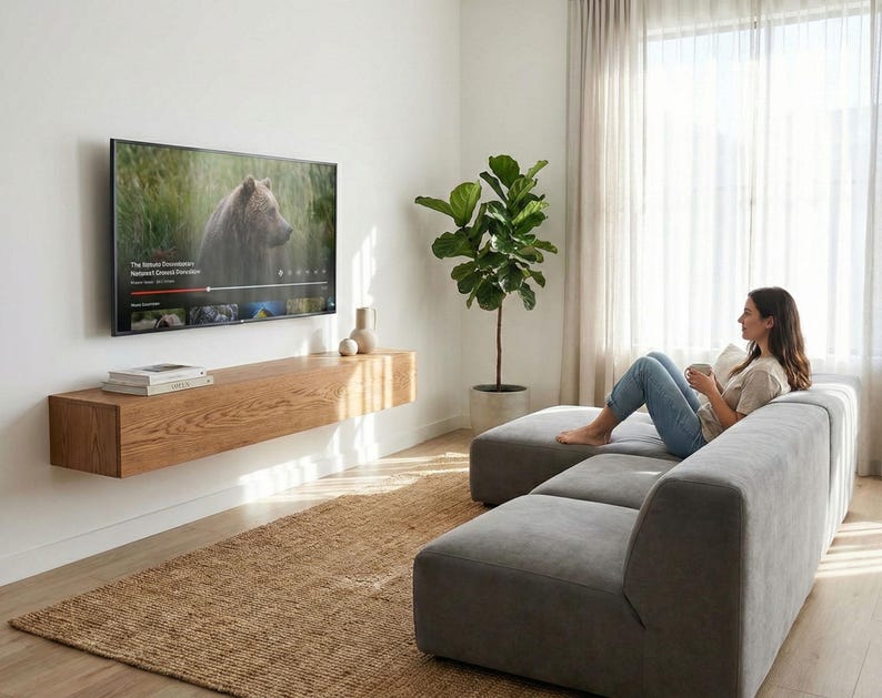 Floating TV console with hinged door in solid oak, Ref. 01720 image 4