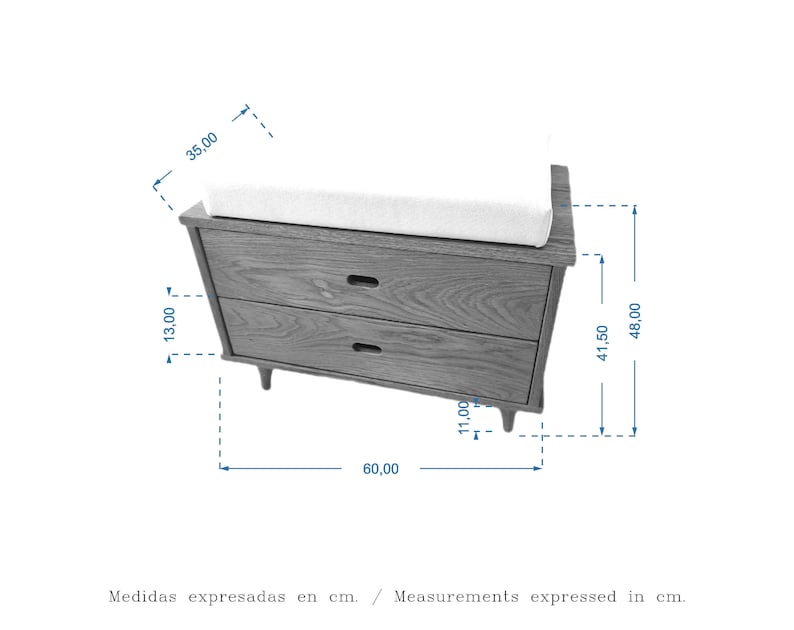 May include: A wooden changing table with two drawers and a white changing pad. The table measures 23.6 inches wide, 19.3 inches deep, and 19.3 inches high.
