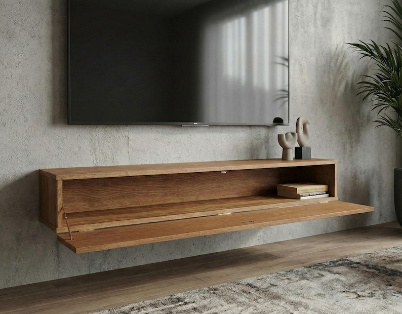 Floating TV console with hinged door in solid oak, Ref. 01720 image 5
