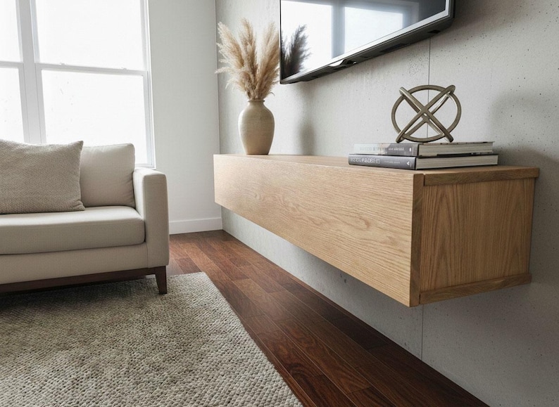 Floating TV console with hinged door in solid oak, Ref. 01720 image 3