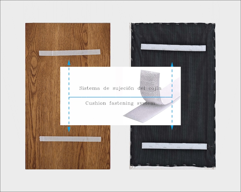 May include: Close-up of a cushion fastening system with two pieces of hook and loop fastener. The system is shown attached to a wooden surface and a black fabric surface. The text "Sistema de sujeci&oacute;n del coj&iacute;n" and "Cushion fastening system" is visible.