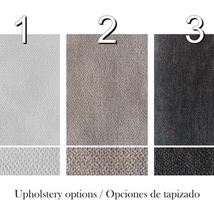 May include: Three upholstery fabric swatches labeled 1, 2, and 3. The swatches are in shades of gray, light gray, and dark gray. The text "Upholstery options / Opciones de tapizado" is below the swatches.