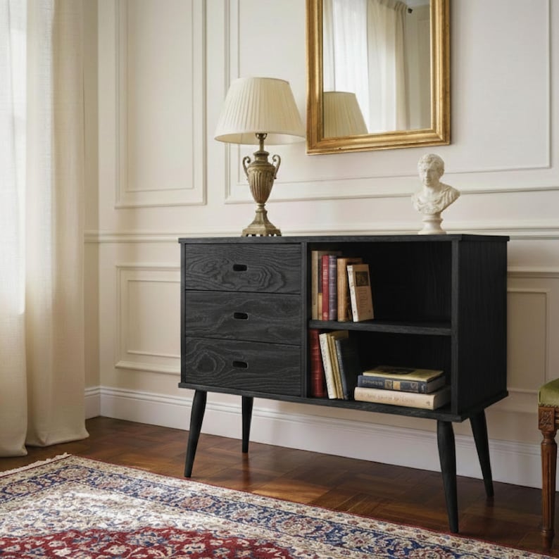Chest of drawers in oak / Wooden Dresser, Ref. 03004 Black finish