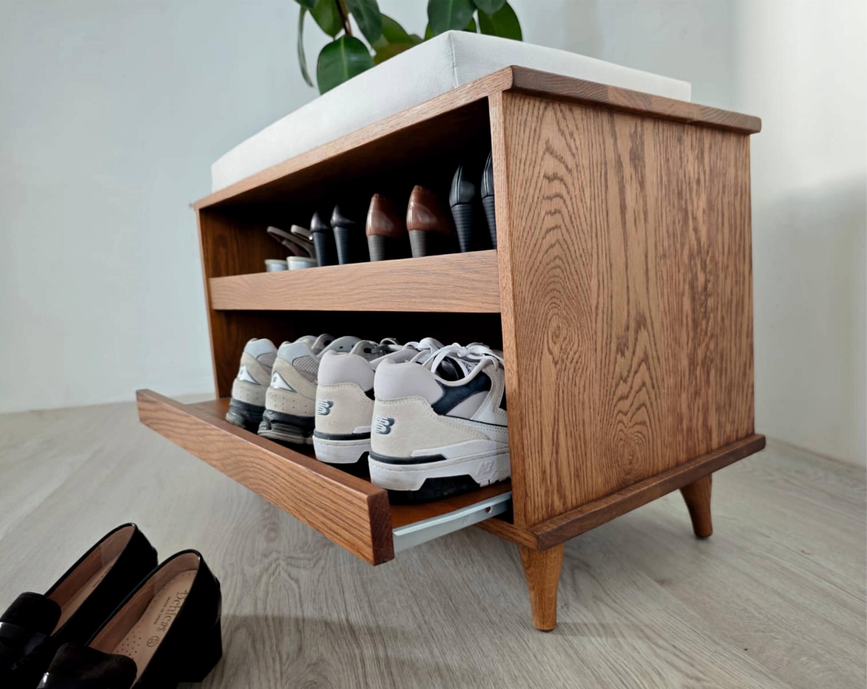 Modern Shoe Bench With Storage And Shoe Rack Mid-Century Shoe Rack