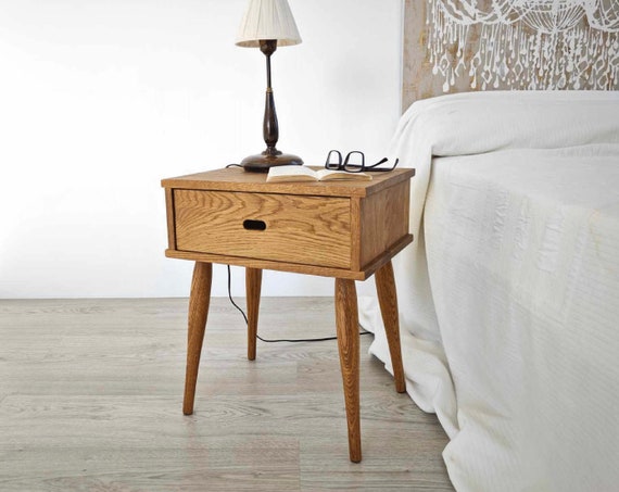 Solid Oak Bedside Table: Handmade Nightstand with Drawer