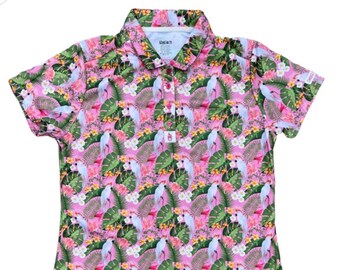 Tropical Leaf Shirt, Women&#39;s Golf Polo Shirt, Tropical Pattern Feminine Shirt, Aesthetic Graphic Shirt, Short Sleeve Ladies Golf Shirt