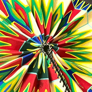 African fabric hand fan with black leather handle for Summer beach camp outdoor Juneteenth