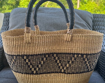 Traditional Handwoven Leather Handle Versatile Shopping Beach African Decor Basket, Housewarming