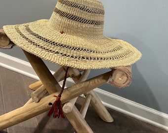 AUTHENTIC Natural Bolga Sun Hats, Traditional Handwoven Elephant Grass Straw with Adjustable Leather Strap