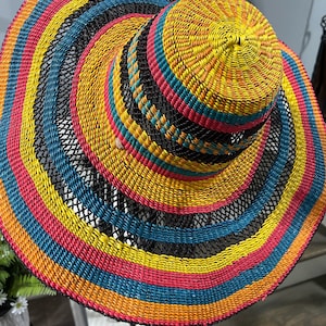 Authentic Multicolor Bolga Straw Sun Hat: African Woven Design