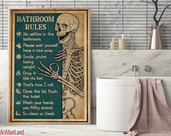 Bathroom Rules Skeleton Funny Skull Living Bathroom Restroom Toilet Decor Wall Art Print Gift For Housewarming Vintage Poster