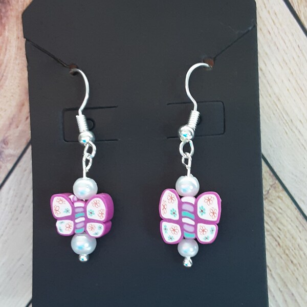 Pink Silicone Butterflies with Pearl Beads Dangle Earrings