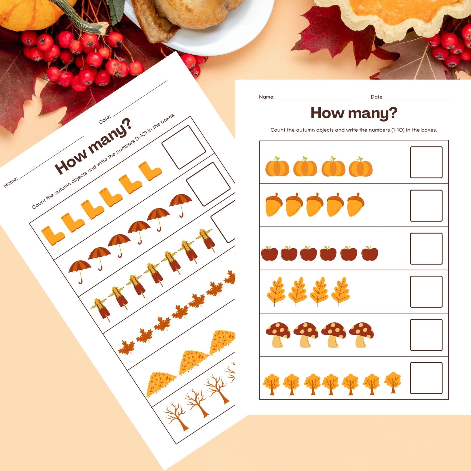 Autumn Counting Worksheet, Autumn Math Worksheets, Fall Counting ...