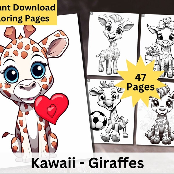Kawaii Giraffe Coloring Pages, Adorable Giraffe, Printable Art for Children, Fun Digital Download, Printable Instant Download