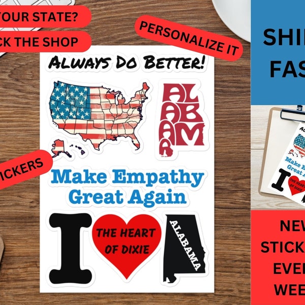 I Heart Alabama Multi Stickers, Personalizable, The Heart of Dixie, Sheet of 5 Unique Designs, AL State Love, Notebook & Laptop Decor