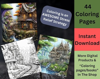 Coloring Pages, Beautiful Forest Villages, Printable Nature Scenes for Relaxation & Creativity, Digital Download, Instant Download