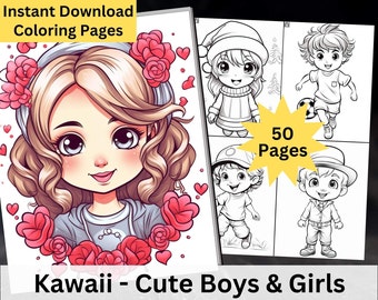 Kawaii Kids Coloring Pages, Cute Boys & Girls Designs, Printable, Fun for Children, Coloring Pages for Kids, Instant Download