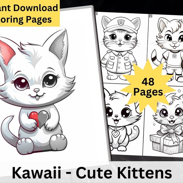 Kawaii Kittens Coloring Pages, Instant Download, Adorable Cat Designs for Kids, Printable Cute Kitty Fun, Printable, Digital Download