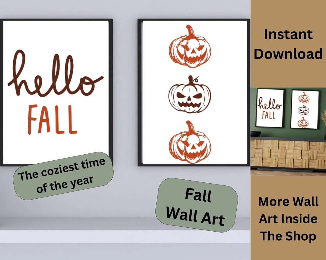 Set of 2 Printable Hello Fall Wall Art, Pumpkin Print, Modern Fall
