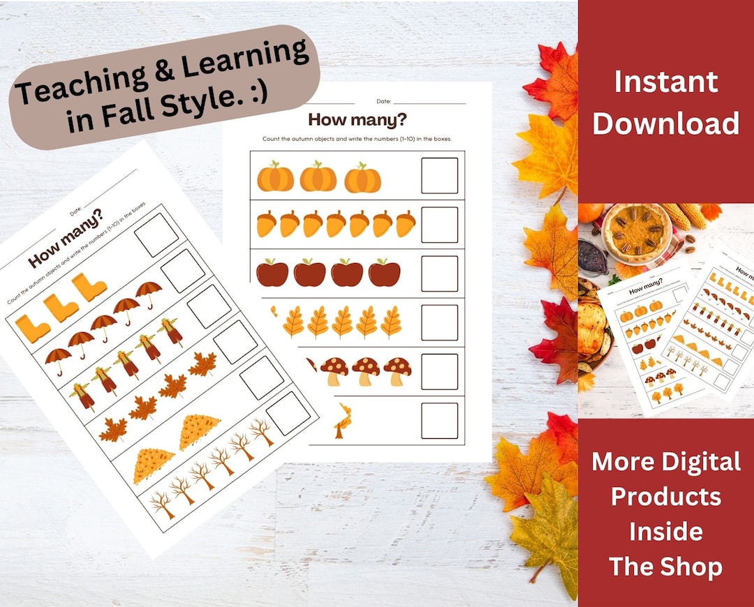 Autumn Counting Worksheet, Autumn Math Worksheets, Fall Counting ...