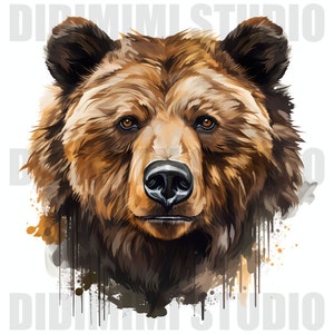 Puede incluir: Un retrato de cerca de un oso pardo con un fondo de acuarela. El oso tiene una expresi&oacute;n seria y su pelaje est&aacute; detallado con tonos marrones y negros.