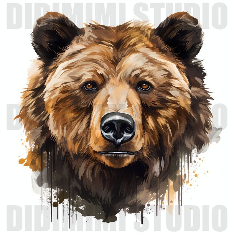 Puede incluir: Un retrato de cerca de un oso pardo con un fondo de acuarela. El oso tiene una expresi&oacute;n seria y su pelaje est&aacute; detallado con tonos marrones y negros.