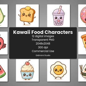 Set di 12 clipart di personaggi di cibo kawaii in formato PNG - Alta qualità 300 dpi, sfondo trasparente, uso commerciale, download digitale