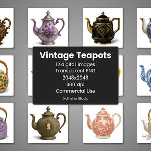 Vintage theepotten clipartset - hoge kwaliteit png's, 300 dpi, transparante achtergrond, commercieel gebruik, digitale download