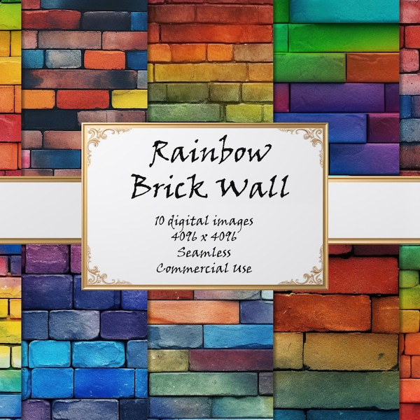 Rainbow Brick Walls - Digital Paper - 10 High Quality Seamless Textures - Wall Art - Commercial Use - Instant Digital Download