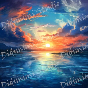 Pode incluir: Um p&ocirc;r do sol vibrante sobre um lago calmo com montanhas ao fundo. O c&eacute;u &eacute; uma mistura de laranja, rosa e azul, com nuvens que se refletem na &aacute;gua.